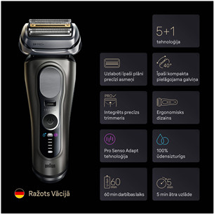 Braun Series 9 Pro+ Wet & Dry, 6 viename, SmartCare centras ir PowerCase, tamsiai pilkas - Skustuvas