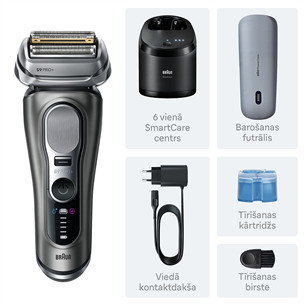Braun Series 9 Pro+ Wet & Dry, 6 viename, SmartCare centras ir PowerCase, tamsiai pilkas - Skustuvas