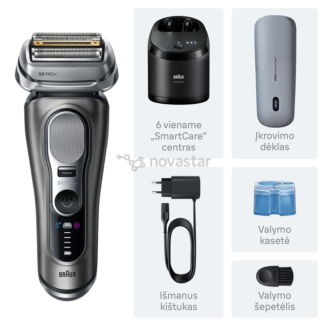 Braun Series 9 Pro+ Wet & Dry, 6 viename, SmartCare centras ir PowerCase, tamsiai pilkas - Skustuvas