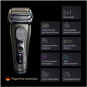Braun Series 9 Pro+ Wet & Dry, 6 viename, SmartCare centras ir PowerCase, tamsiai pilkas - Skustuvas