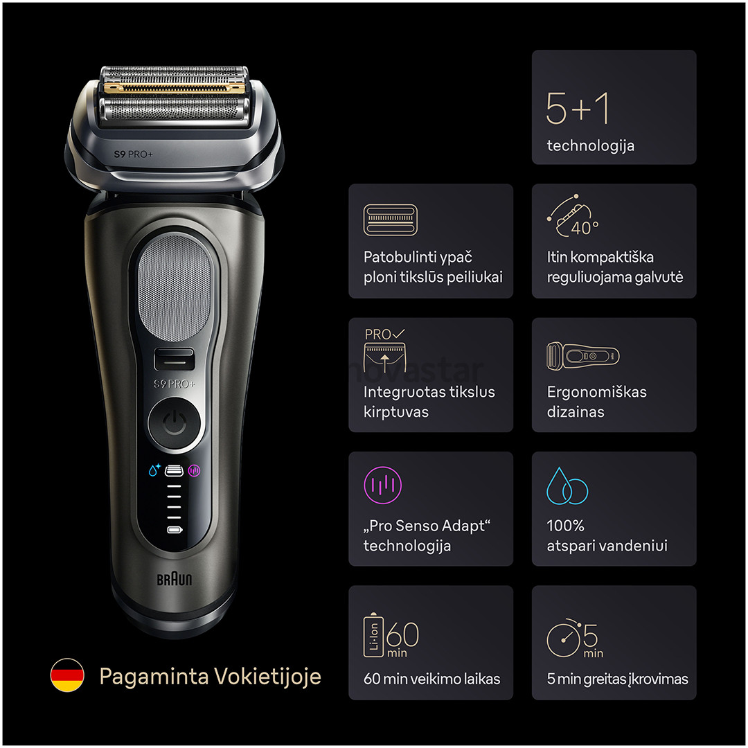 Braun Series 9 Pro+ Wet & Dry, 6 viename, SmartCare centras ir PowerCase, tamsiai pilkas - Skustuvas