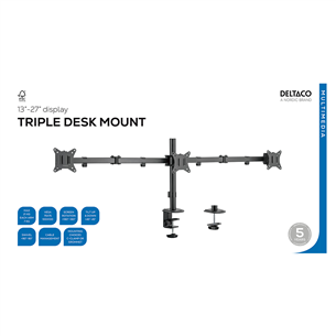 Deltaco Triple Desk Mount, 13-27'', juodas - Monitoriaus laikiklis