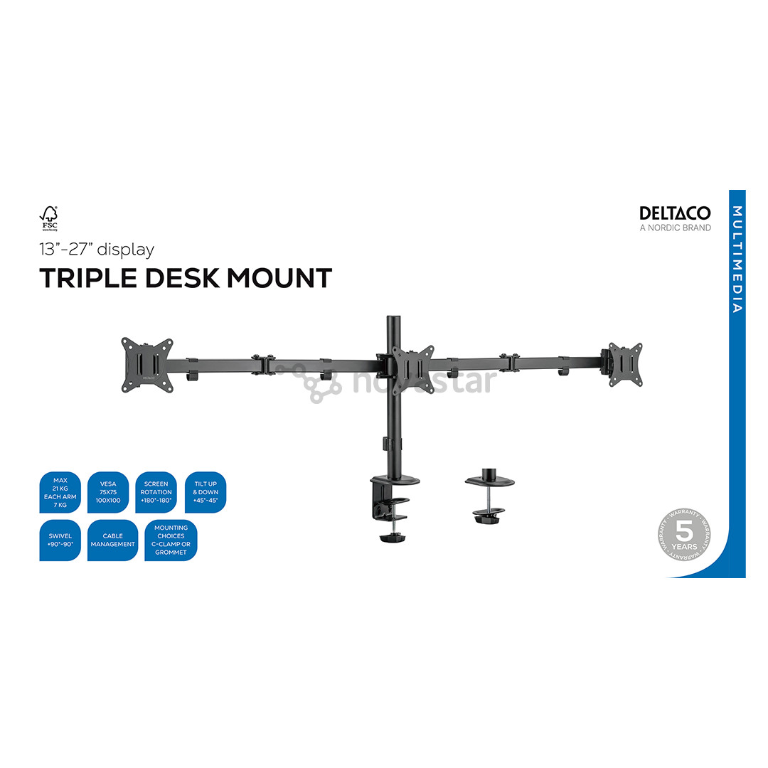 Deltaco Triple Desk Mount, 13-27'', black - Monitor stand