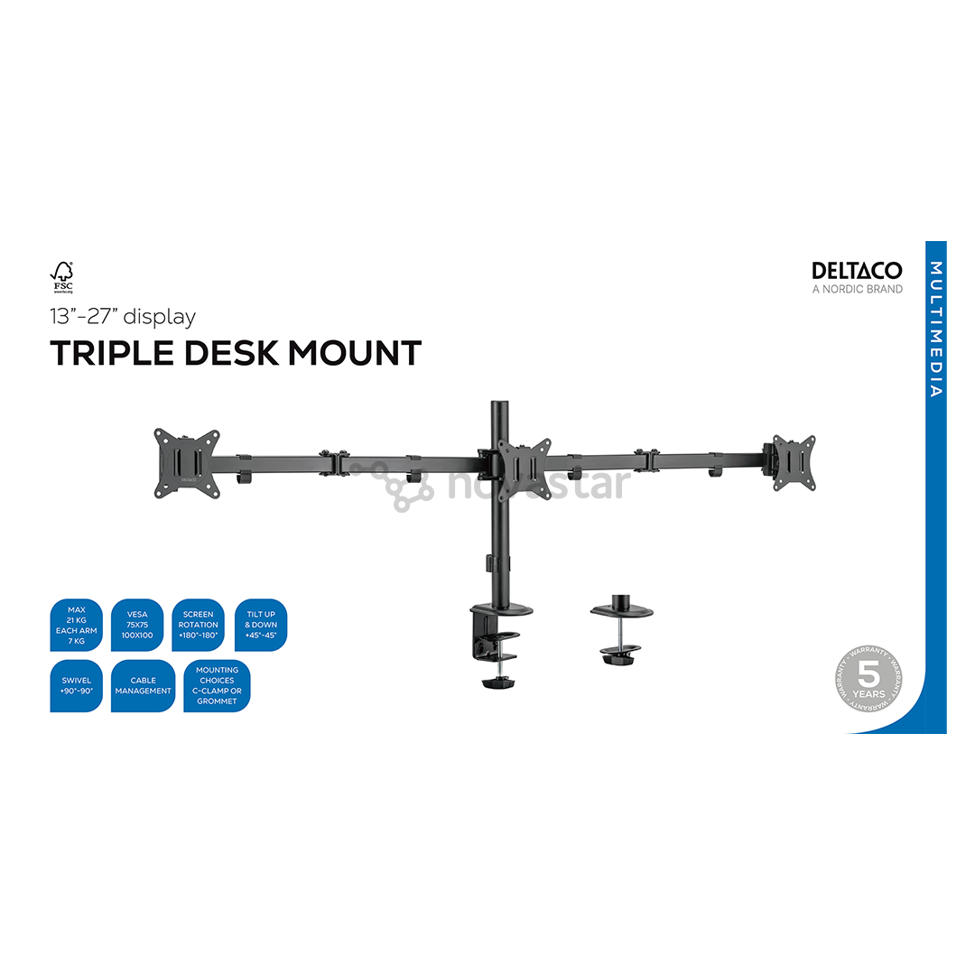 Deltaco Triple Desk Mount, 13-27'', juodas - Monitoriaus laikiklis