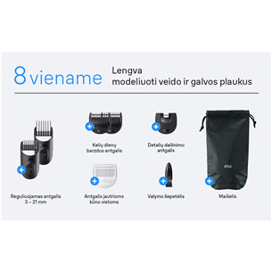 Plaukų kirpimo mašinėlė Braun Series 3, 8-in-1, tamsiai pilka