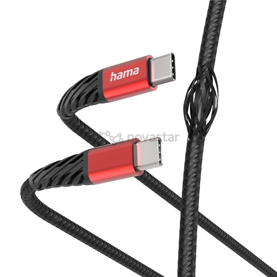 Hama Extreme Charging Cable, USB-C - USB-C, 60 Вт, нейлон, 1 ,5 м, черный/красный - Кабель