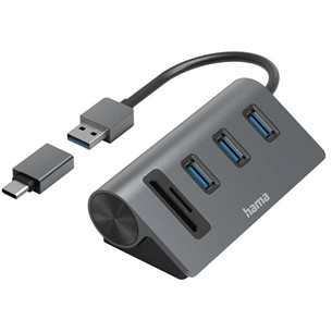Hama USB Hub, 3x USB-A 3.2 Gen 1, SD, microSD, USB-C Adapter, juodas/pilkas - USB šakotuvas