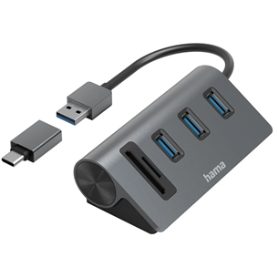 Hama USB Hub, 3x USB-A 3.2 Gen 1, SD, microSD, USB-C Adapter, juodas/pilkas - USB šakotuvas 00200140