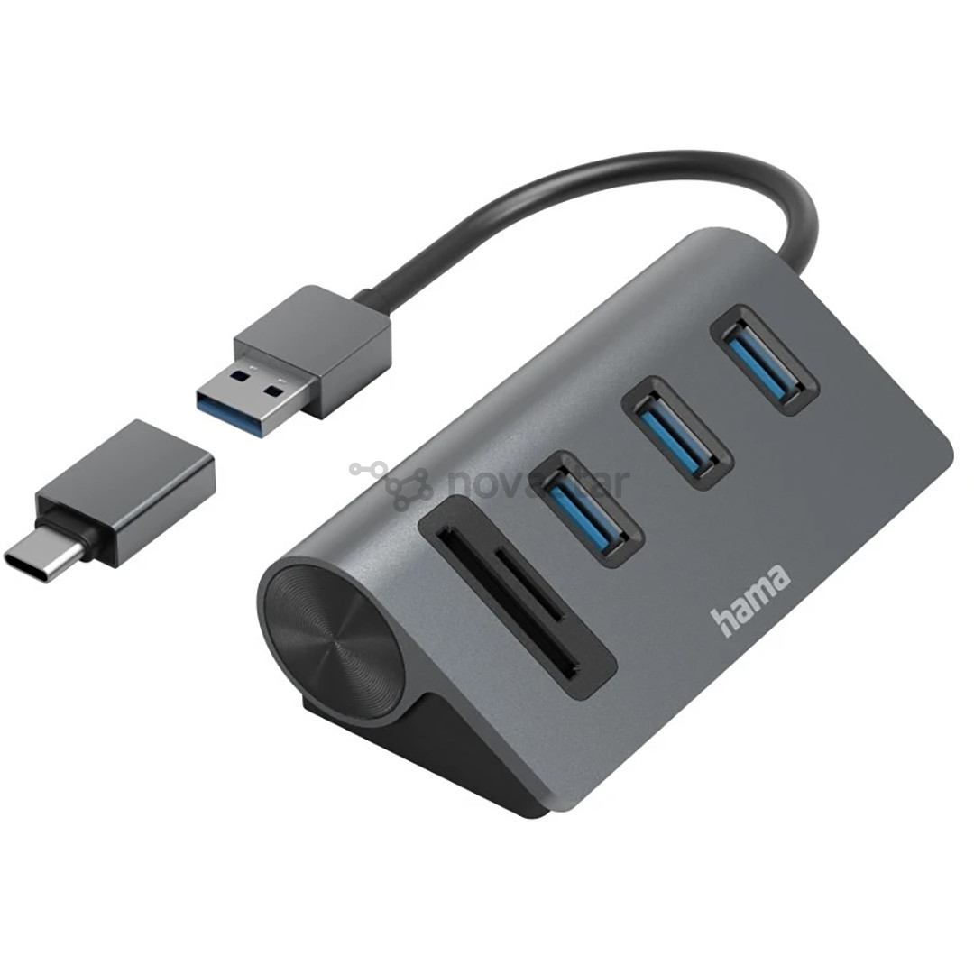 Hama USB Hub, 3x USB-A 3.2 Gen 1, SD, microSD, USB-C Adapter, juodas/pilkas - USB šakotuvas