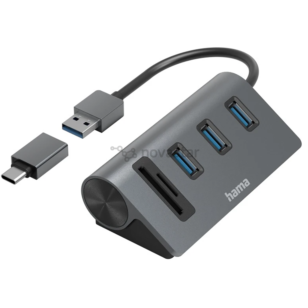 Hama USB Hub, 3x USB-A 3.2 Gen 1, SD, microSD, USB-C Adapter, juodas/pilkas - USB šakotuvas