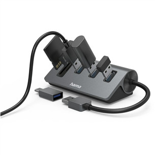 Hama USB Hub, 3x USB-A 3.2 Gen 1, SD, microSD, USB-C Adapter, juodas/pilkas - USB šakotuvas