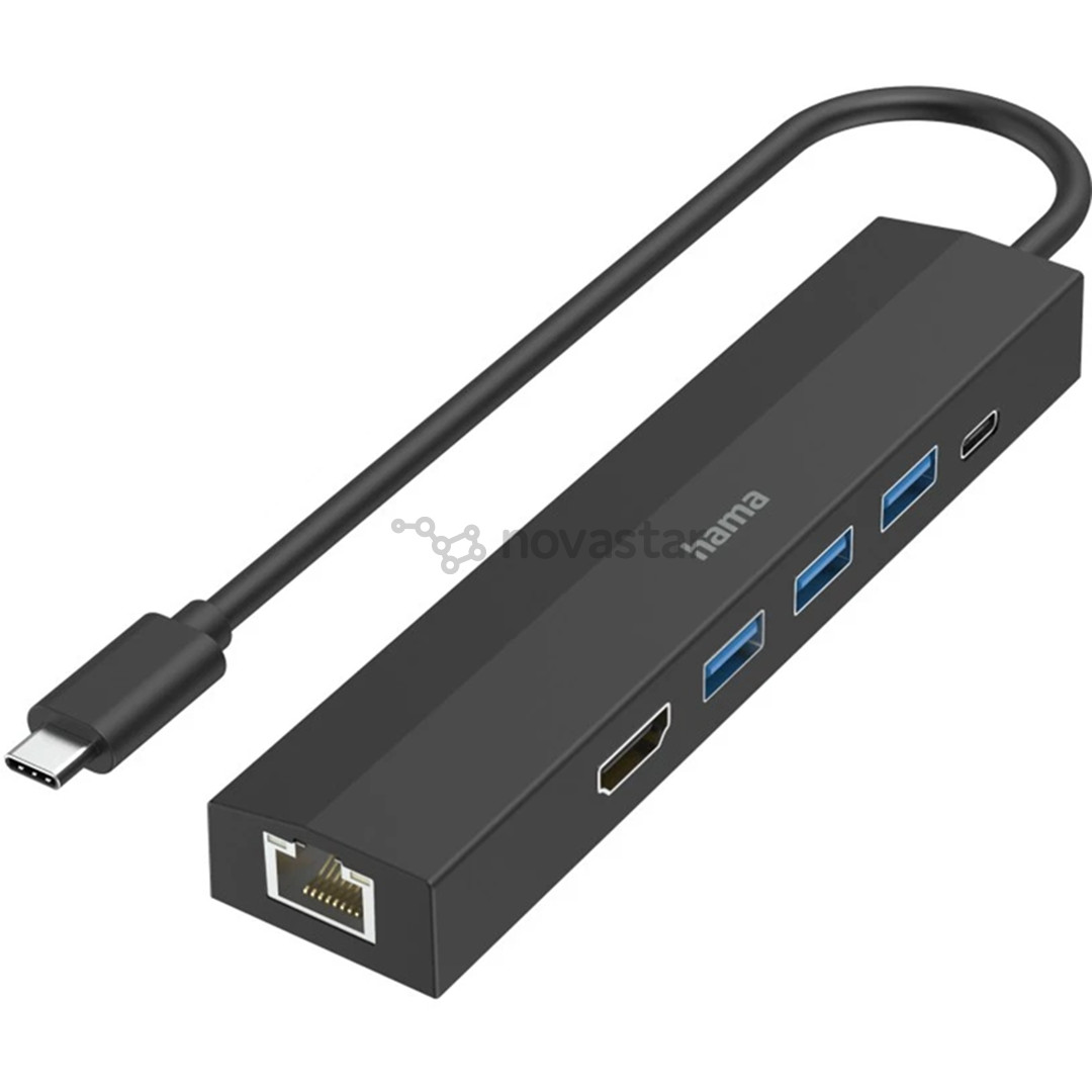 Hama USB-C Hub, 3x USB-A 3.2 Gen 1, USB-C, HDMI, LAN, juodas - USB šakotuvas