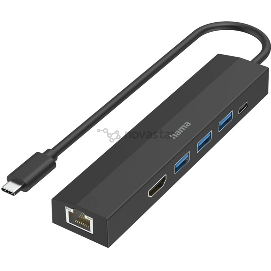 Hama USB-C Hub, 3x USB-A 3.2 Gen 1, USB-C, HDMI, LAN, juodas - USB šakotuvas