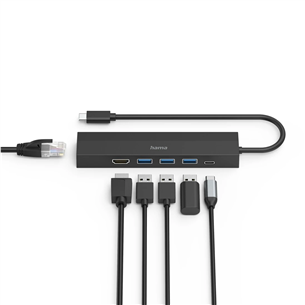 Hama USB-C Hub, 3x USB-A 3.2 Gen 1, USB-C, HDMI, LAN, juodas - USB šakotuvas