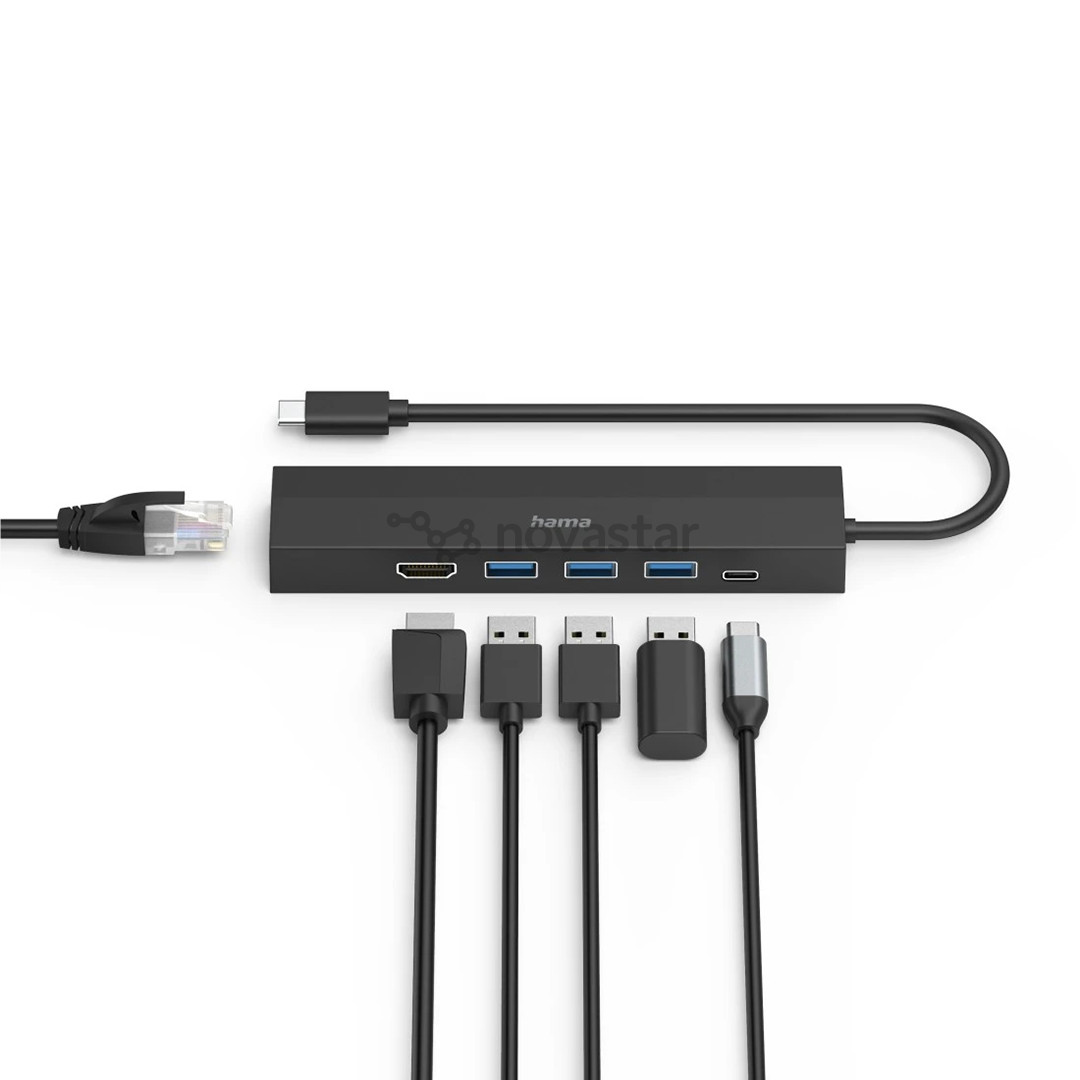 Hama USB-C Hub, 3x USB-A 3.2 Gen 1, USB-C, HDMI, LAN, juodas - USB šakotuvas
