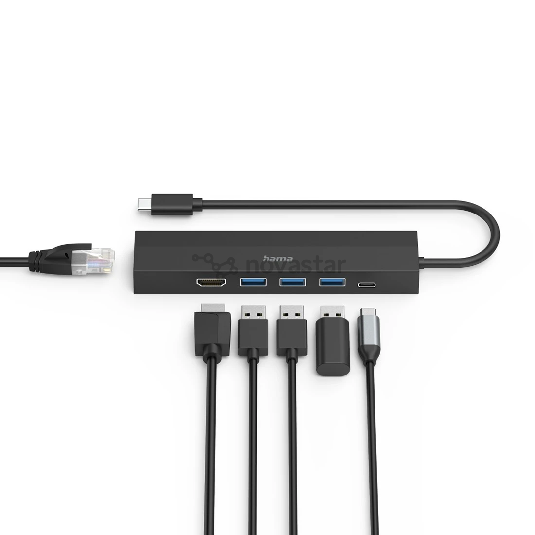 Hama USB-C Hub, 3x USB-A 3.2 Gen 1, USB-C, HDMI, LAN, juodas - USB šakotuvas