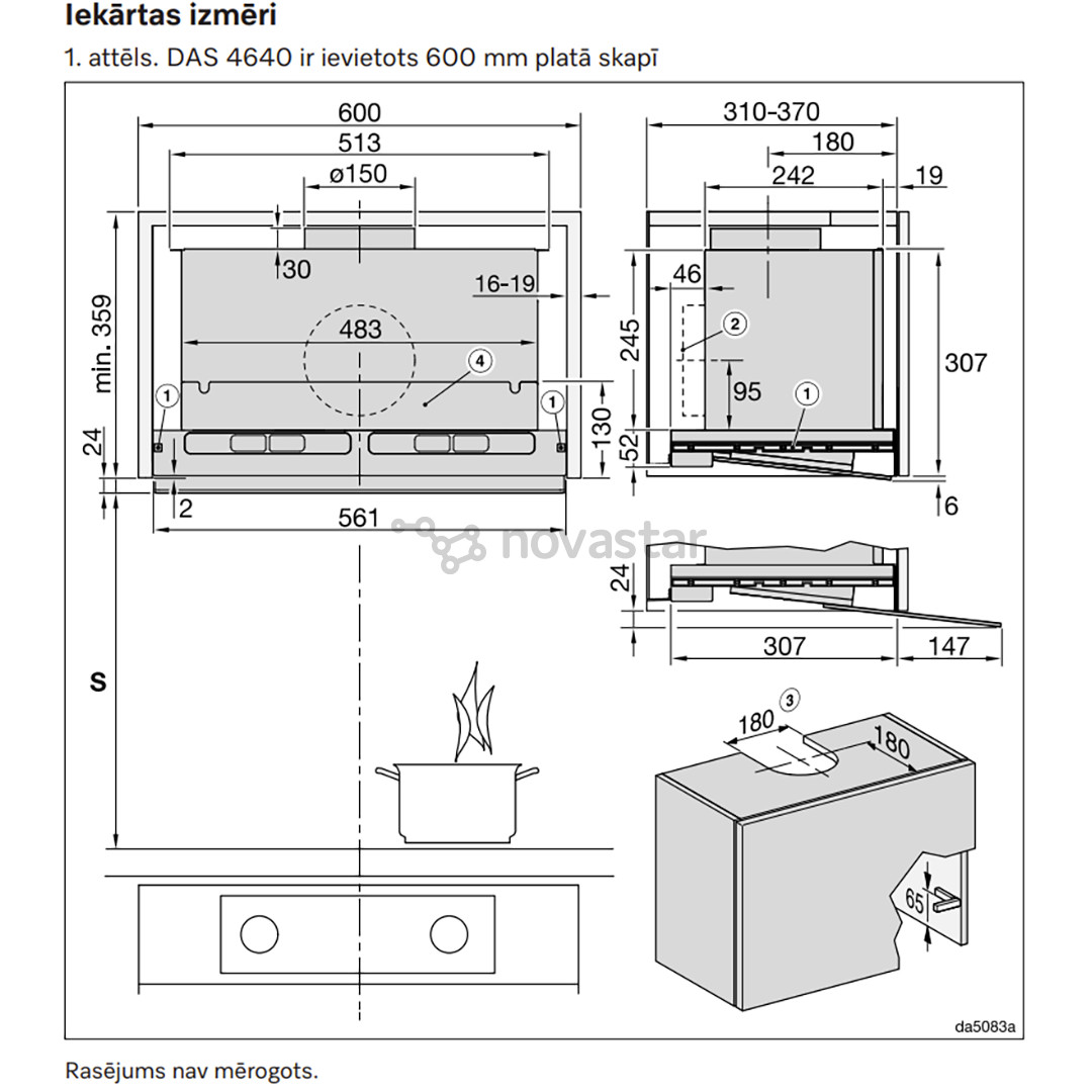 Miele, 600 m³/val., plotis 56,1 cm, skaidrus stiklas - Įmontuojamas gartraukis