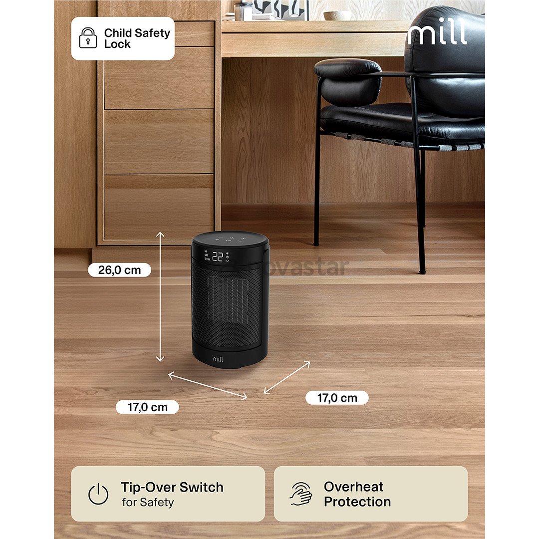 Mill, 1500 W, juodas - Keramikinis ventiliatorius-šildytuvas