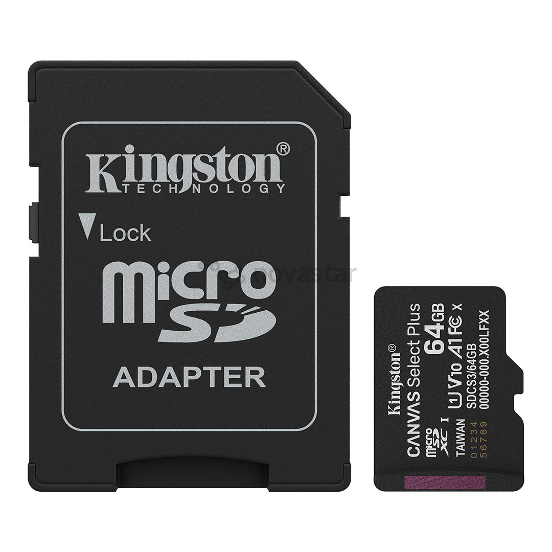 Kingston Canvas Select Plus, UHS-I, microSD, 64 GB, juoda - Atminties kortelė