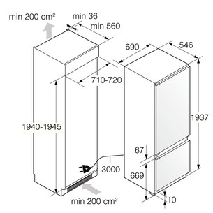 Asko NoFrost, 371 l, aukštis 194 cm - Įmontuojamas šaldytuvas
