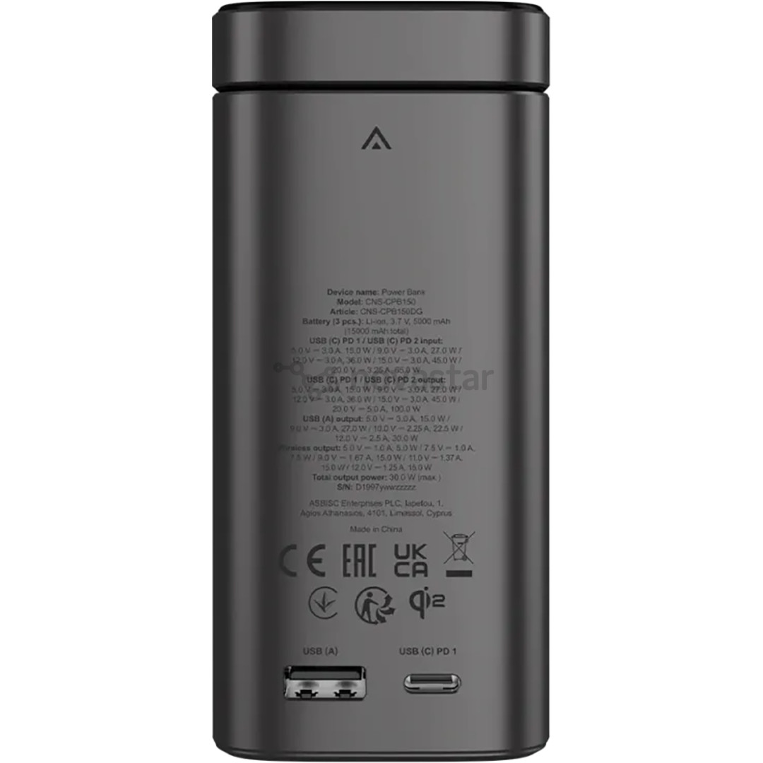 Canyon OnPower 150, 15 000 mAh, USB-A, USB-C, Qi2, dark gray - Power bank