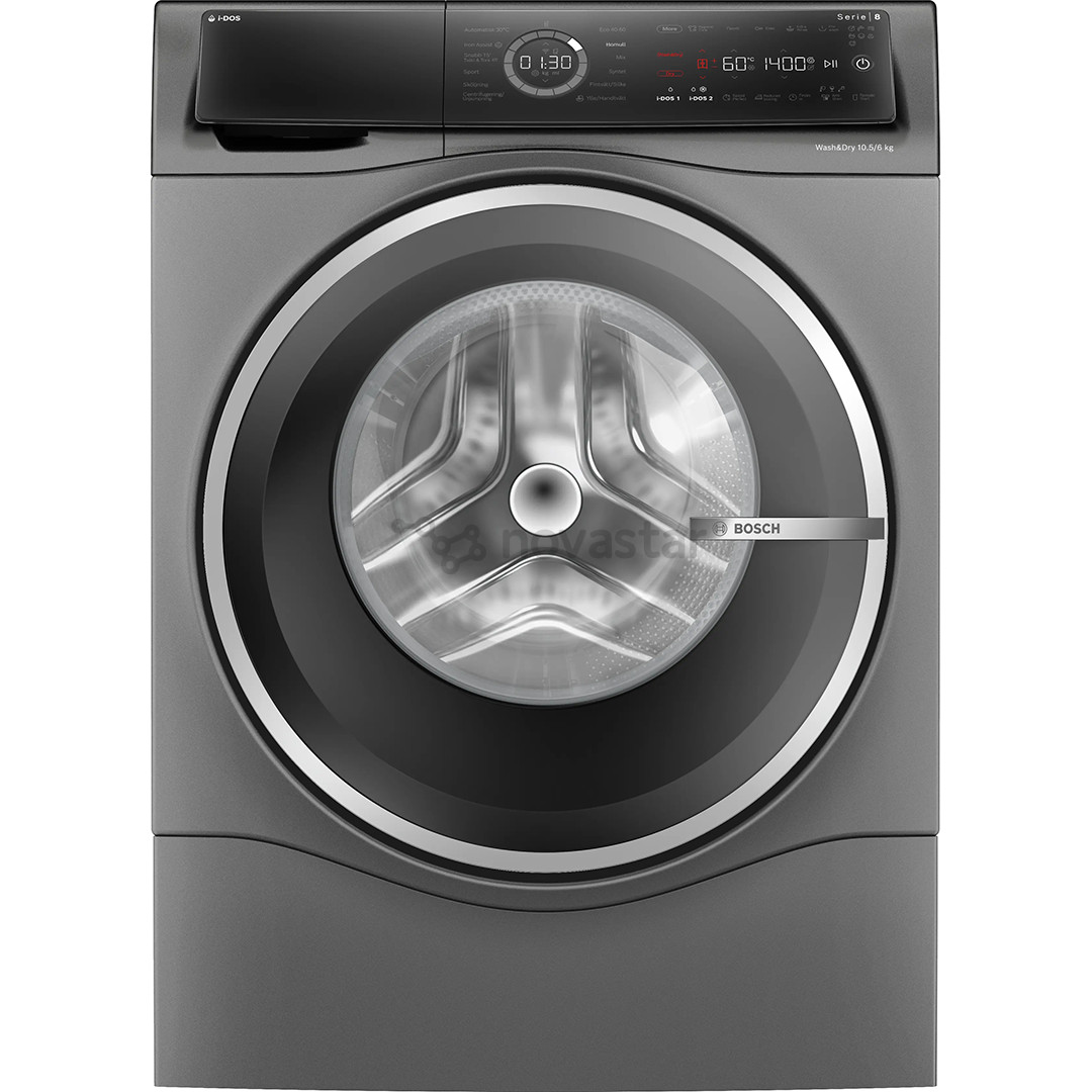 Bosch, Series 8, i-Dos, 10,5 kg/6 kg, gylis 62,2 cm, 1400 aps./min., pilka - Skalbimo mašina - džiovyklė