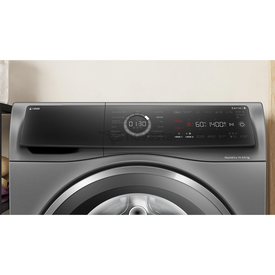 Bosch, Series 8, i-Dos, 10,5 kg/6 kg, gylis 62,2 cm, 1400 aps./min., pilka - Skalbimo mašina - džiovyklė