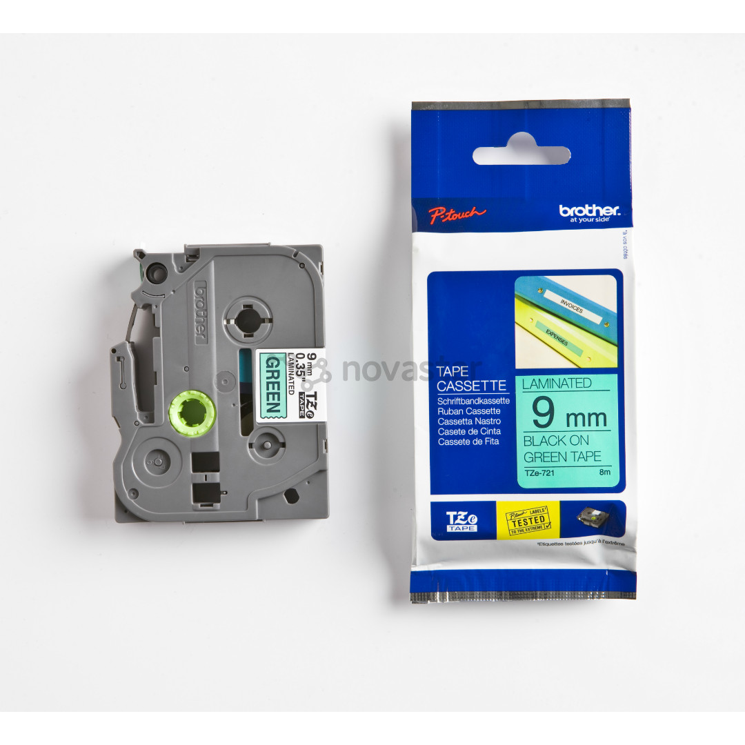 Laminated tape black text on green backround 8m x 9mm, Brother